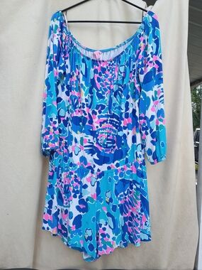 Lilly Pulitzer Blue Pink White Off-Shoulder Printed Romper